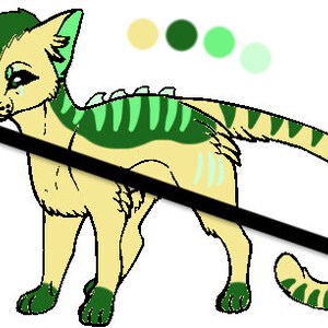 May include: A cartoon illustration of a yellow cat with green stripes. The cat has a sad expression and is looking to the left. The cat has a green and yellow tail.