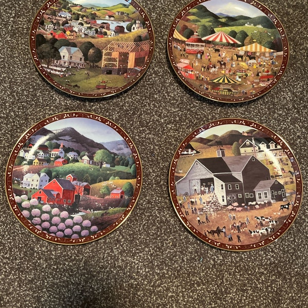 Home in the Heartland Plates Set of 4,  Martha Leone, Apple bloom festival, Auction,  Barn Raising, & Vountry Fair. Country Collector plates