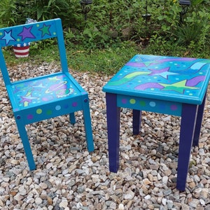 Strong Wood table and chair.Planets stars space fantasy fun. child size. one of a kind art.Hand painted furniture. Gift for kids room.