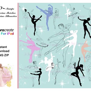 20 ballerinastämplar/ballerinaskisser (10) silhuetter (10) för Procreate iPad PNG, direktnedladdning ZIP