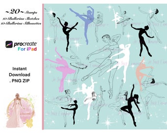 20 Ballerina Stamps/Ballerina Sketches (10) Silhouettes (10) for Procreate iPad PNG, Instant Download ZIP