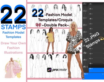 22 Fashion Model Templates/Croquis/STAMPS (PROCREATE for iPad) .PNG Stamps Instant Download / 1-Zip