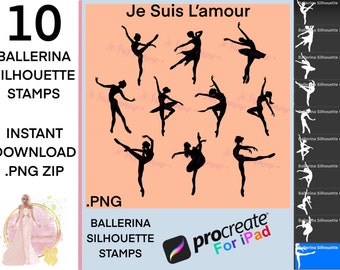 10 Beautiful Ballerina Silhouette Stamps/Brushes for Procreate iPad SVG/PNG, Procreate Tool, Easy Download ZIP