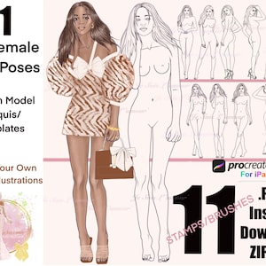 11 Full Body Female Fashion Poses For Procreate iPad, Create Your Own Illustrations, Instant Download PNG ZIP