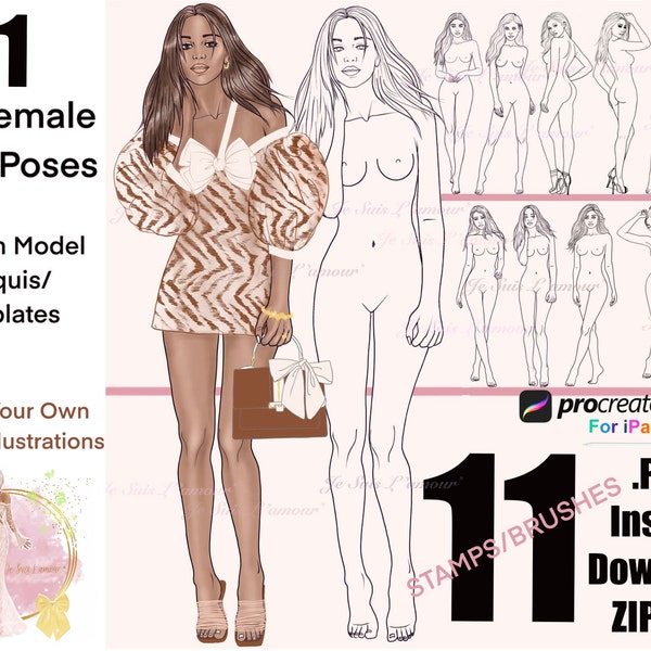 11 Full Body Female Fashion Poses For Procreate iPad, Create Your Own Illustrations, Instant Download PNG ZIP