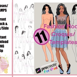 11 Fashion Model Croquis/Templates Stamps/Brushes for Procreate iPad 11 Detailed Poses, 7 Front, 4 Back/Back-Side, Instant Download .PNG ZIP
