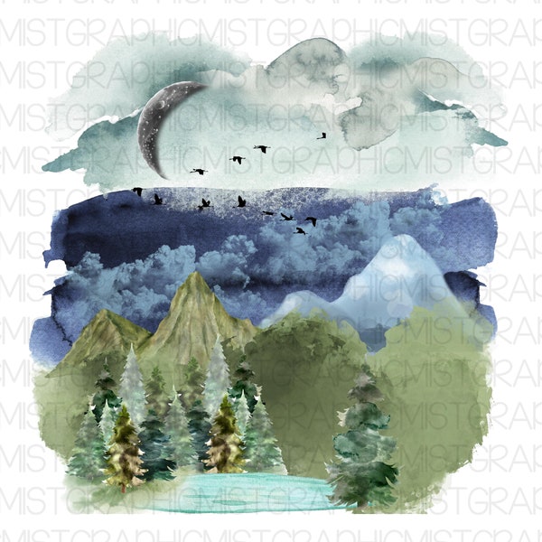 Nature Watercolor Graphic Design, PNG, Outdoor Designs, Sky Mountain, Trees, Design for shirt, mug design, Tumbler Graphic Design Nature