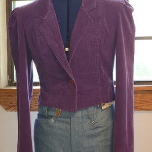Vintage 80s Bergen Square Corduroy Short Blazer Jacket Medium Purple Shawl Collar Puff Cap Sleeve Button Pockets Hipster Boho Secretary