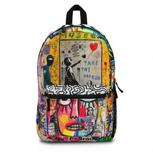 May include: A colorful backpack with a graffiti-style design. The backpack features a large image of a person in a museum with the text "Take the $ and run".