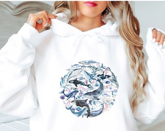 Whale Watercolor Hoodie, Ocean Conservation, Ocean Aesthetic, Under the Sea, Whale Shirt, Ocean Lover Gift, Blue Whale Shirt, Ocean Hoodie