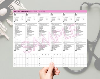 May include: A Nurse Assistant Report Sheet with pink header bars. The sheet is filled with medical terminology and checkboxes. A hand holds the sheet, with a stethoscope and a skeleton in the background.