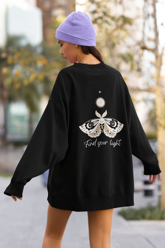 Find Your Light Crewneck Sweatshirt, Moth Sweatshirt, Women’s Oversized Sweater, Magic Celestial Sweatshirt, Cottagecore, Trendy Streetware