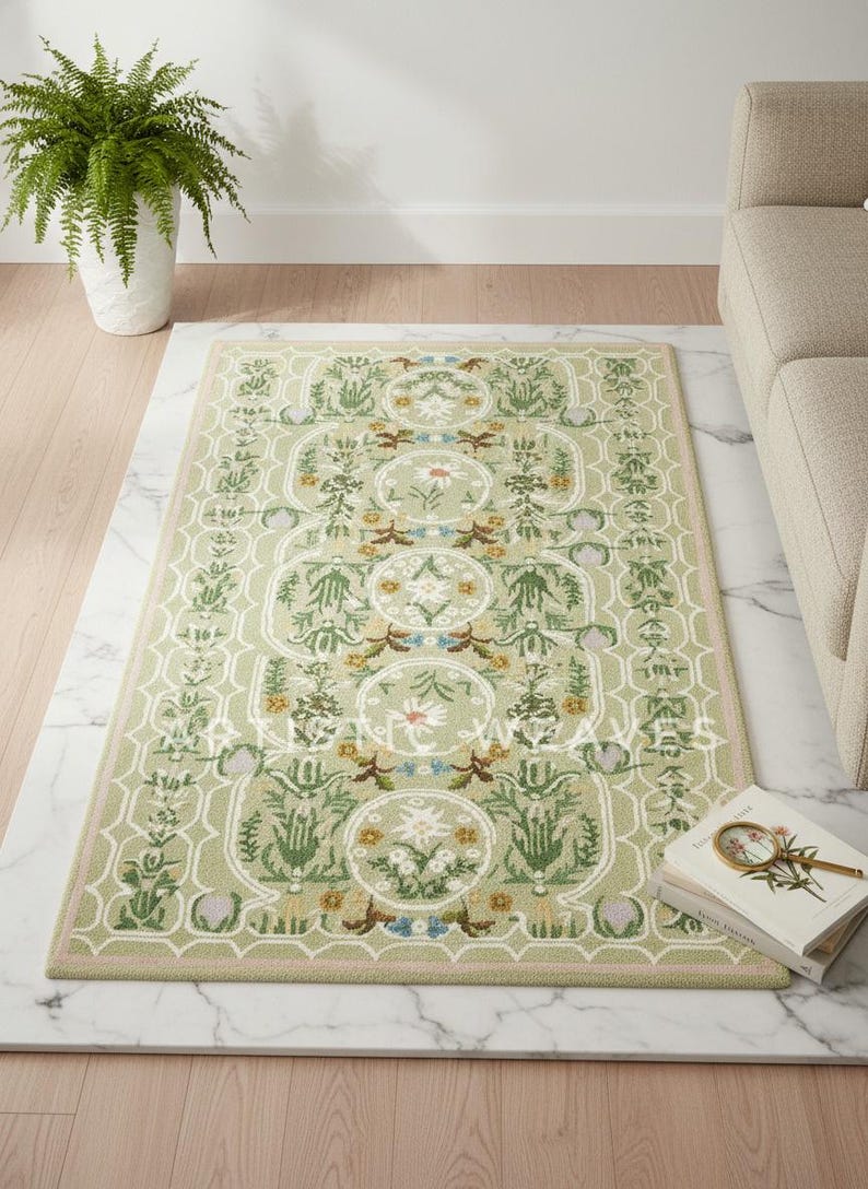 May include: A rectangular, light green rug with a floral pattern. The rug features a repeating design of stylized flowers and foliage in shades of green, yellow, and blue. The rug is placed on a marble surface, with a sofa and a potted fern in the background.