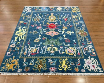 8x10 Blue Oushak Wool Rug: Hand-Knotted Area Rug, Modern Design