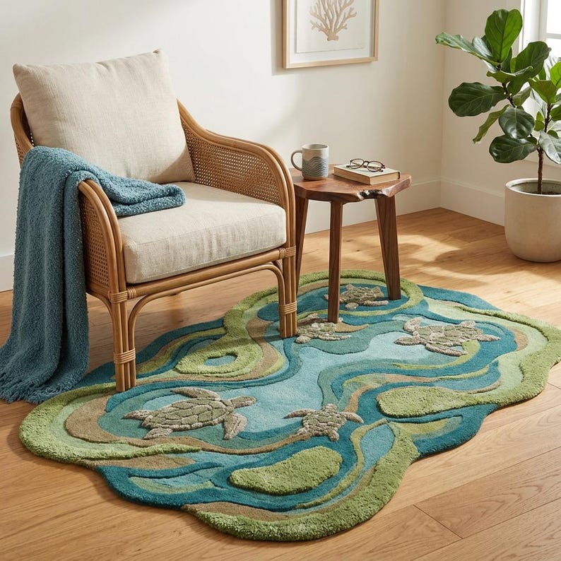 Hand Tufted Turtle Wool Rug, Ocean Inspired Area Rug, Irregular Shape ...