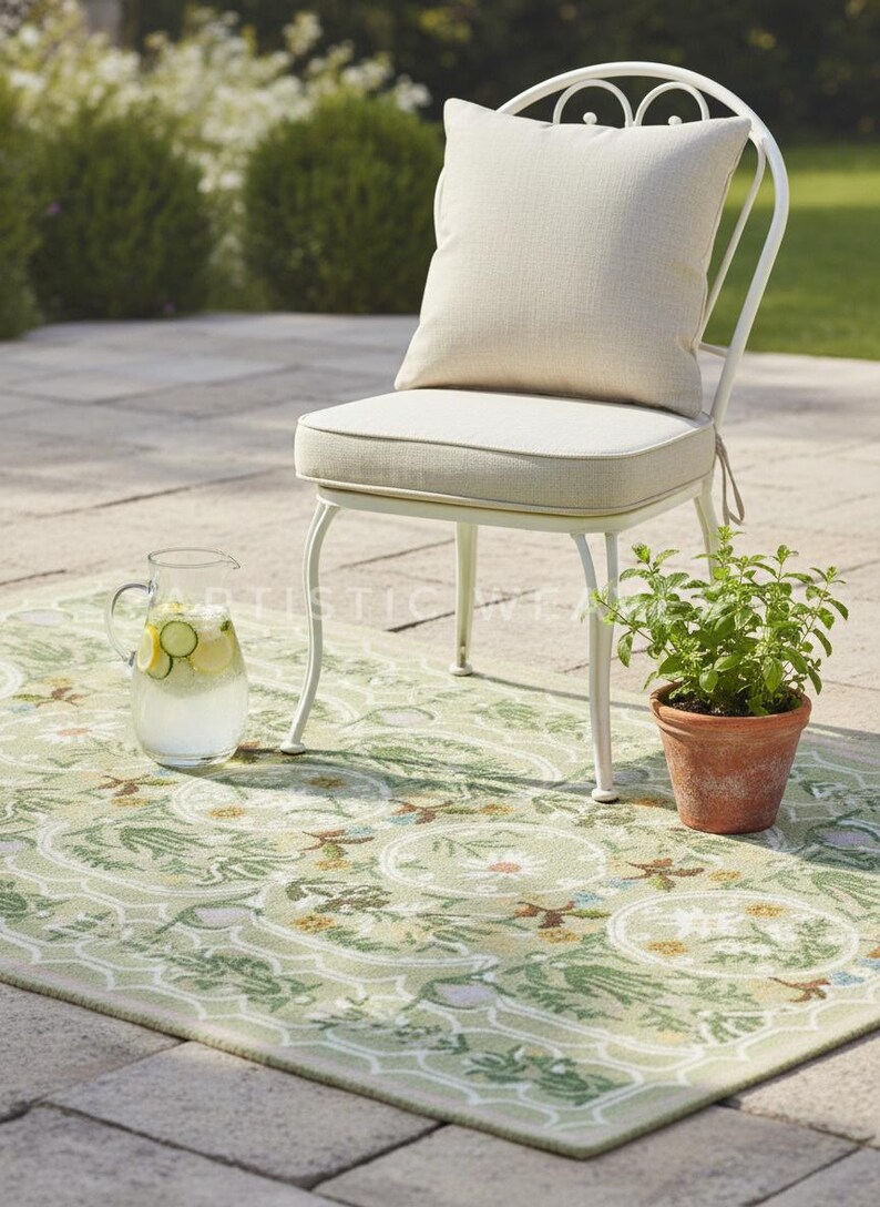 May include: An outdoor scene featuring a white metal chair with a beige cushion and pillow. A green patterned rug, a glass pitcher with lemon and cucumber slices, and a potted plant complete the setting. The scene evokes a relaxing atmosphere.