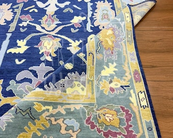 8X10 hand Knotted Wool Rug | Hand Knotted Wool Oushak Rug | Colorful Vintage-Inspired Area Rug | Designer Rug Sale | Bedroom Rug | Blue Rug