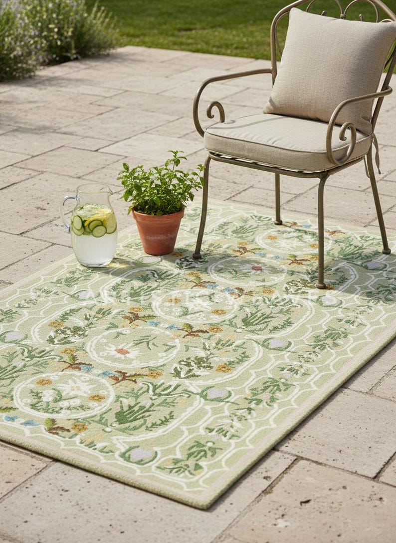May include: A light green outdoor rug with a floral pattern, featuring a beige border. A metal chair with a beige cushion and pillow sits on the rug. A glass pitcher of water with cucumber slices and a potted plant are also present.