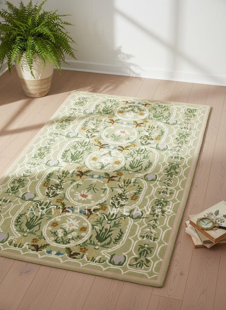 May include: A rectangular, light green rug with a floral pattern. The rug features a repeating design of circular floral medallions and botanical elements. The rug is bordered with a pink trim and is placed on a light wood floor.
