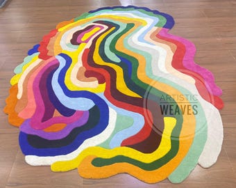 Abstract Colorful Wool Rug, Modern Wavy, Handmade Tufted