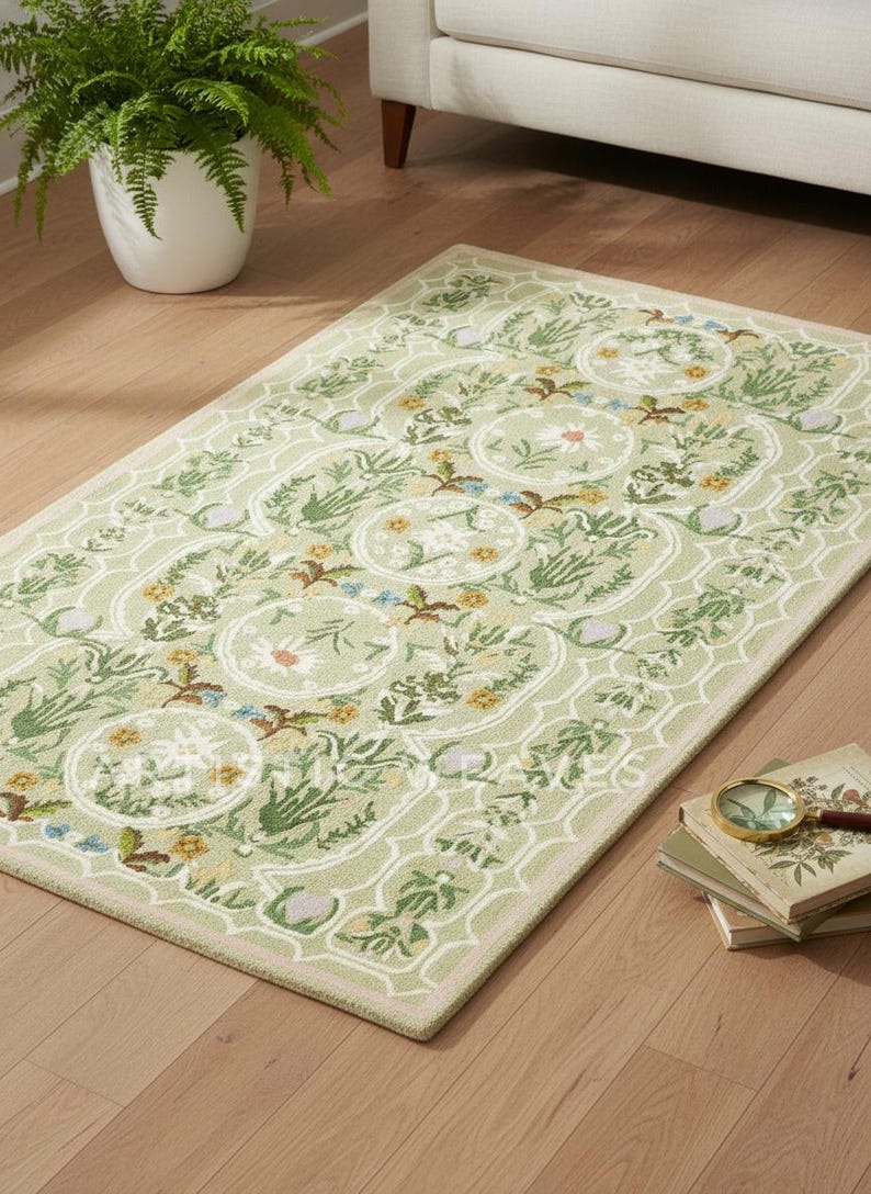 May include: A rectangular, light green rug with a floral pattern. The rug features a repeating design of circular floral medallions and botanical elements in shades of green, yellow, and brown. The rug is placed on a hardwood floor.