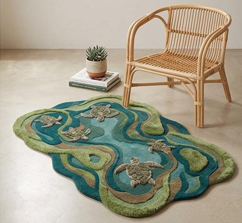 Turtle School Rug Hand Tufted Turtle Wool Rug, Ocean Inspired Area Rug, Irregular Shape ...