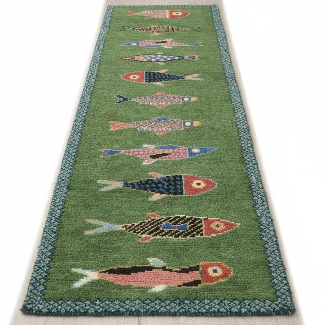 Hand Tufted Koi Fish Rug | Wool Green Area Rug With Colorful Fish ...