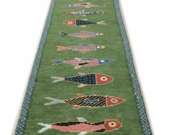 Hand Tufted koi Fish Rug | Wool Green Area Rug with Colorful Fish | Coastal Lakehouse Decor | Whimsical Nursery Rug | Handmade Animal Carpet