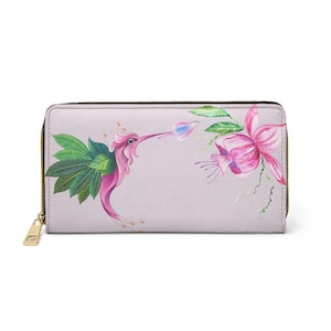 Cartera Hummingbird Zipper} Cartera de cuero vegano} Cartera para amantes de la naturaleza} Cartera con cremallera para flores y pájaros} Cartera para efectivo y tarjeta de crédito} Naturaleza