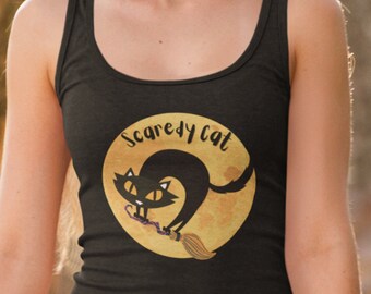Scaredy Cat Racerback Tank top} Black Cat Tank Top} Witchy Humor Tank Top} Halloween Cute Kitten