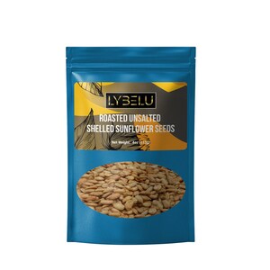 May include: A blue resealable bag filled with roasted unsalted shelled sunflower seeds. The bag has a label that reads "LYBELU Roasted Unsalted Shelled Sunflower Seeds" with a sunflower graphic.