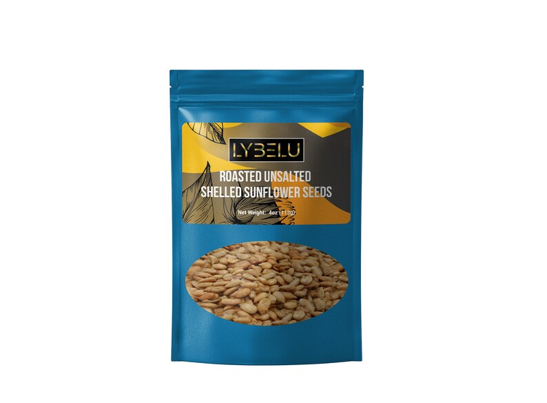 May include: A blue resealable bag filled with roasted unsalted shelled sunflower seeds. The bag has a label that reads "LYBELU Roasted Unsalted Shelled Sunflower Seeds" with a sunflower graphic.