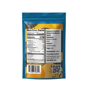 May include: A blue resealable bag of roasted unsalted shelled sunflower seeds. The bag has a nutrition facts label and a QR code. The bag is labeled "Roasted Unsalted Shelled Sunflower Seeds".