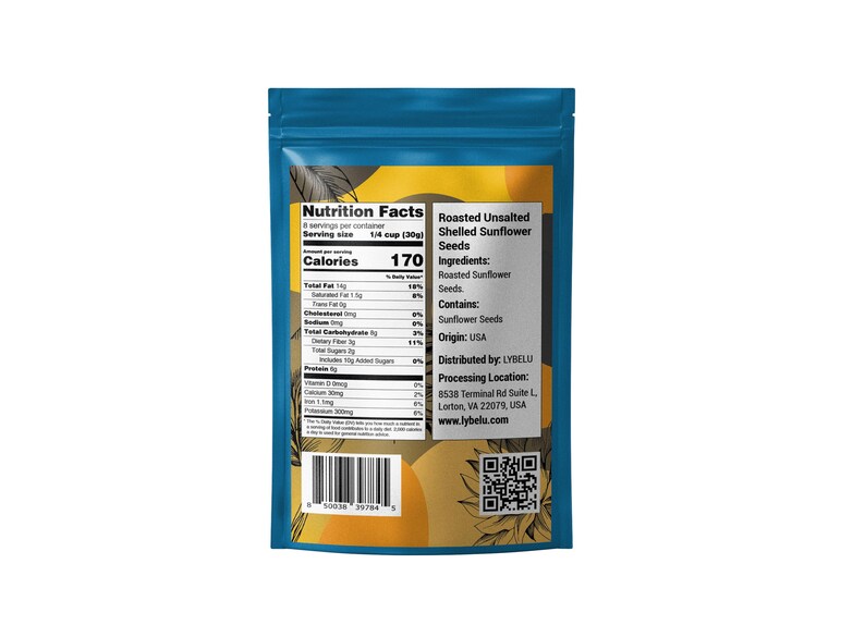 May include: A blue resealable bag of roasted unsalted shelled sunflower seeds. The bag has a nutrition facts label and a QR code. The bag is labeled "Roasted Unsalted Shelled Sunflower Seeds".