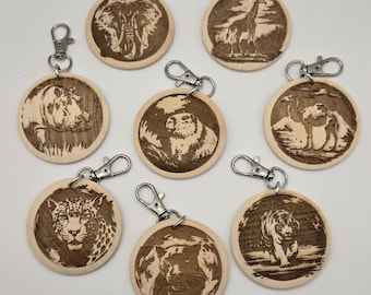 Safari Animal Wood Keychain | Engraved Maple Wildlife Pendant | Personalized Animal Gift