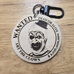 Horror Icons Wanted Poster Keychain – Freddy Krueger, Michael Myers, Art the Clown & Ghost Face – Laser Engraved Wooden Horror Gift