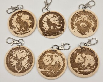 Woodland Animal Wood Keychain | Engraved Maple Wildlife Pendant | Forest Animal Gift