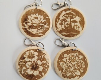 Flower & Mushroom Wood Keychain | Engraved Maple Botanical Pendant | Personalized Nature Gift
