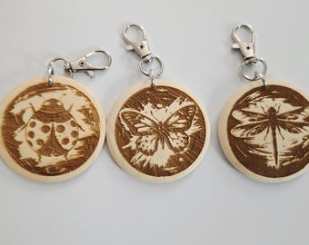 Garden Insect Wood Keychain | Engraved Maple Butterfly Dragonfly Pendant | Nature Lover Gift