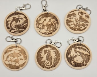 Ocean Animal Wood Keychain | Engraved Marine Life Pendant | Aquatic Wildlife Gift