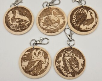 Bird Wood Keychain | Engraved Maple Bird Pendant | Owl Duck Peacock Swan Gift
