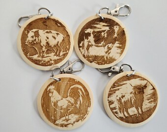Farm Animal Wood Keychain | Engraved Maple Cow Pig Rooster Pendant | Farm Lover Gift