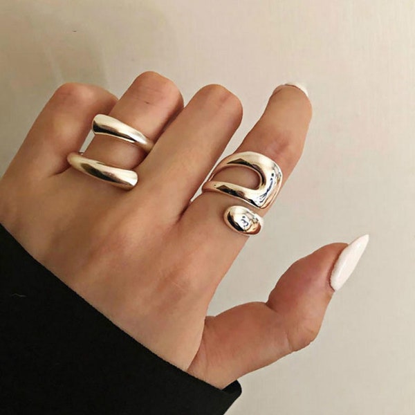 2024 Silver Smooth Silver  Ring Set, Adjustable Silver Women Ring Set, Geometric Opening Silver Ring Set, Silver Wave Ring, Irreguler Ring