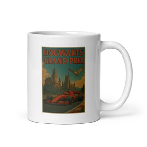 May include: White ceramic mug featuring a vintage-style poster design. The poster reads "HOGWARTS GRAND PRIX" and depicts a red race car, Hogwarts castle, and an owl. The mug has a curved handle.