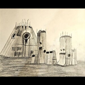 May include: A pencil sketch depicting a futuristic cityscape. The drawing shows various geometric structures with circular and rectangular openings. Some structures have vertical lines extending from the top, and the overall colour palette is monochromatic.