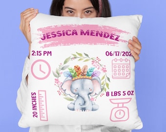 Custom Birth Announcement Pillow | Personalized Baby Name & Birth Stats | Perfect Gift for Baby Shower or New Parents | Woodland Elephant