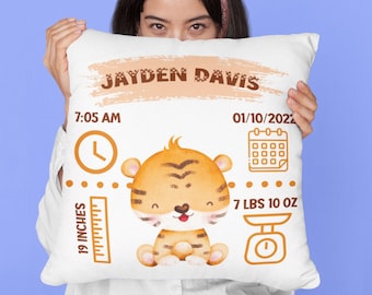 Personalized Birth Stats Pillow | Custom Baby Name, Date, Time  Weight | Perfect Baby Showers Gift For New Parents | Woodland Tiger Pillow