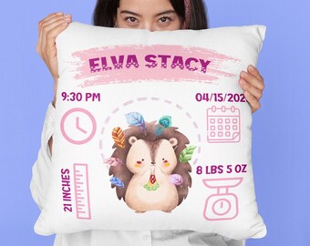 Custom Birth Stats Pillow | Personalized Baby Name, Date, Time & Weight | Ideal Gift for Baby Showers New Parents | Pink Woodland Hedgehog