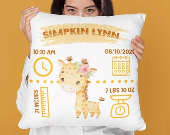 Custom Baby Birth Announcement Pillow | Personalized Name & Birth Stats | Perfect Keepsake for New Parents | Yellow Woodland Giraffe Pillow