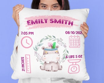 Personalized Baby Birth Pillow | Custom Name, Date, Time & Weight | Ideal Newborn Keepsake | Baby Shower Gift | Woodland Hippo Baby Pillow